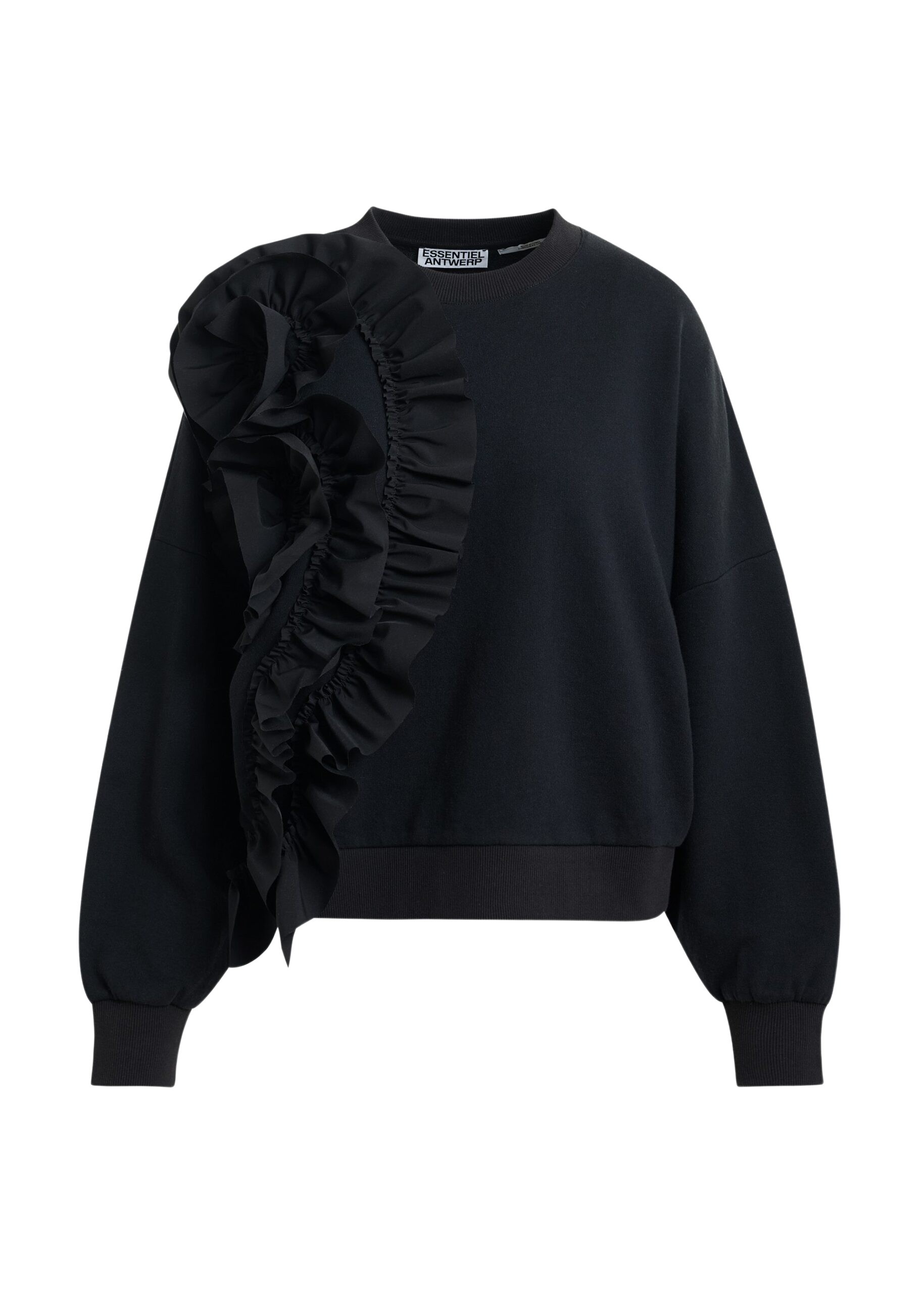 Essentiel Antwerp Black cotton-blend sweatshirt with ruffle details - Essentiel Antwerp Shirts - Colorful Belgian Design - Shop at Coveti