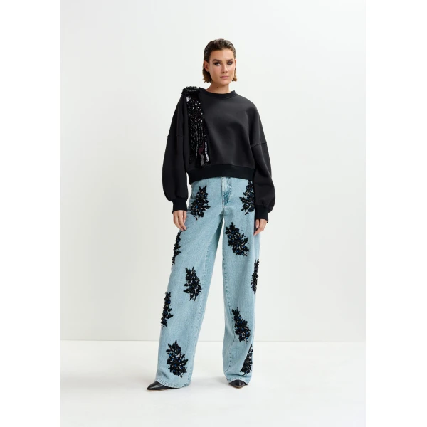 Essentiel Antwerp Black cotton sweatshirt with embellished panel Top, view 2