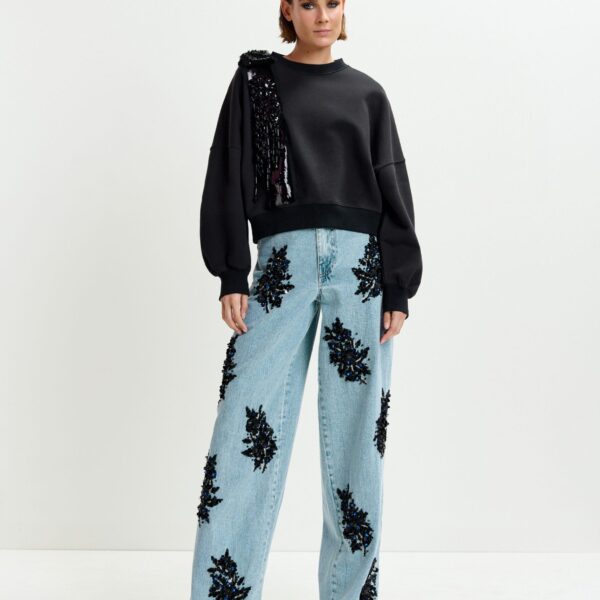 Essentiel Antwerp Black cotton sweatshirt with embellished panel - Essentiel Antwerp Shirts - Colorful Belgian Design - Shop at Coveti