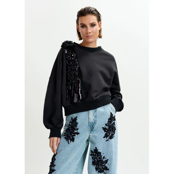 Essentiel Antwerp Black cotton sweatshirt with embellished panel Top, view 3