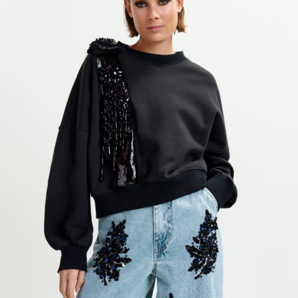 Essentiel Antwerp Black cotton sweatshirt with embellished panel - Essentiel Antwerp Shirts - Colorful Belgian Design - Shop at Coveti
