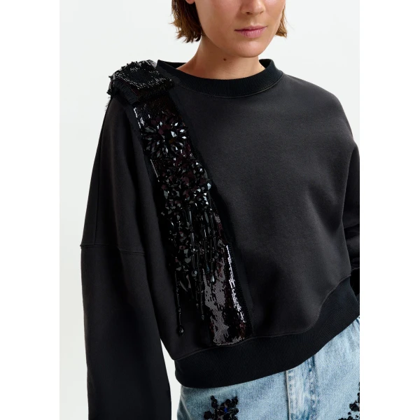 Essentiel Antwerp Black cotton sweatshirt with embellished panel Top, view 4