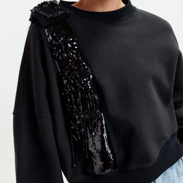 Essentiel Antwerp Black cotton sweatshirt with embellished panel - Essentiel Antwerp Shirts - Colorful Belgian Design - Shop at Coveti