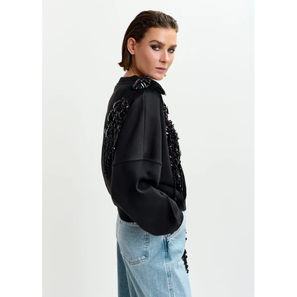 Essentiel Antwerp Black cotton sweatshirt with embellished panel Top, view 5