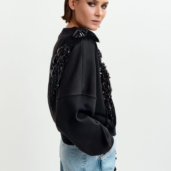 Essentiel Antwerp Black cotton sweatshirt with embellished panel - Essentiel Antwerp Shirts - Colorful Belgian Design - Shop at Coveti