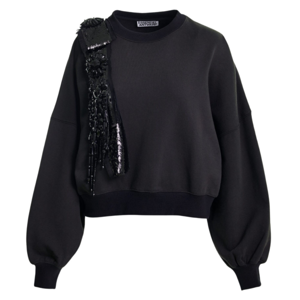 Essentiel Antwerp Black cotton sweatshirt with embellished panel - Essentiel Antwerp Shirts - Colorful Belgian Design - Shop at Coveti
