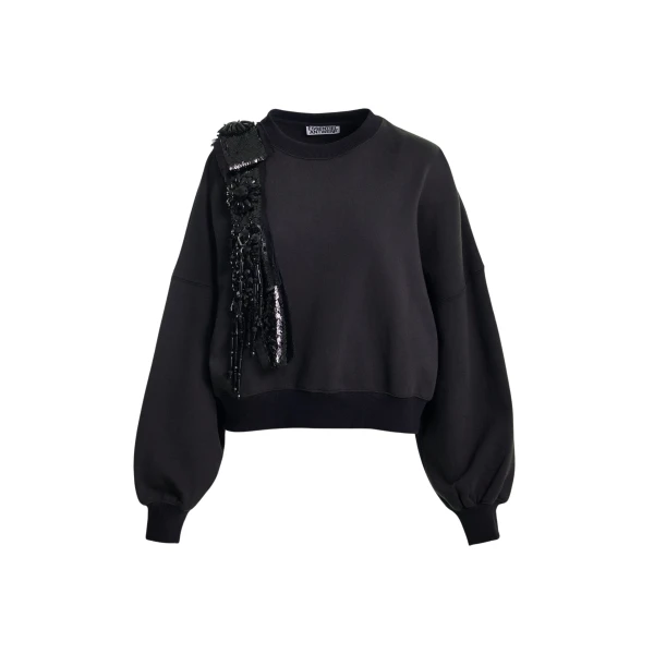 Essentiel Antwerp Black cotton sweatshirt with embellished panel - Essentiel Antwerp Shirts - Colorful Belgian Design - Shop at Coveti