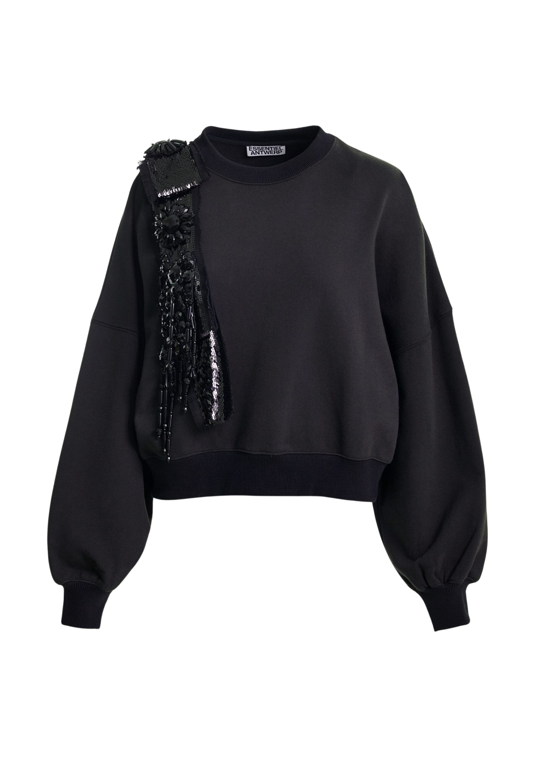 Essentiel Antwerp Black cotton sweatshirt with embellished panel - Essentiel Antwerp Shirts - Colorful Belgian Design - Shop at Coveti