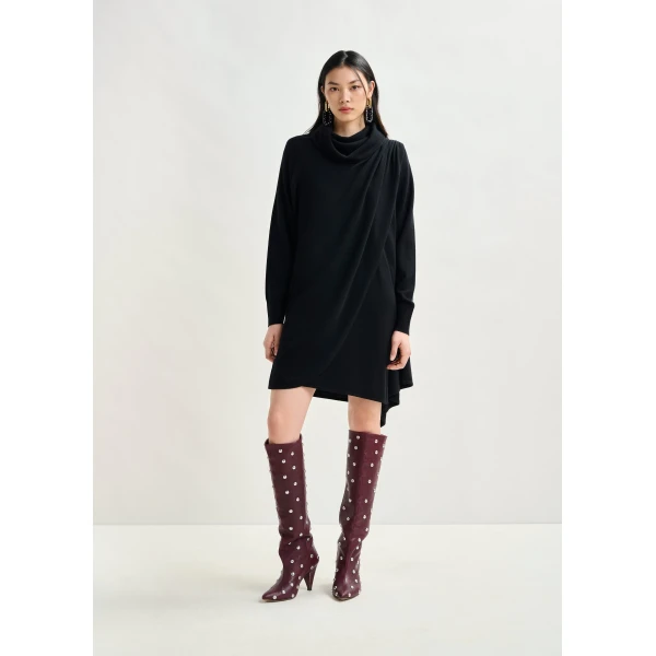 Essentiel Antwerp Black draped wool-blend asymmetrical knit dress, view 2
