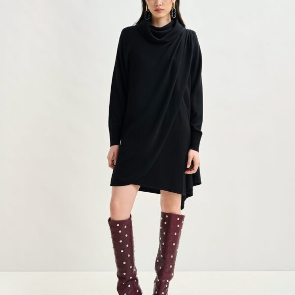Essentiel Antwerp Black draped wool-blend asymmetrical knit dress - Essentiel Antwerp Dresses - Colorful Belgian Design - Shop at Coveti