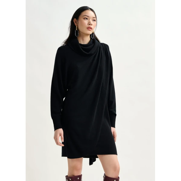Essentiel Antwerp Black draped wool-blend asymmetrical knit dress, view 3