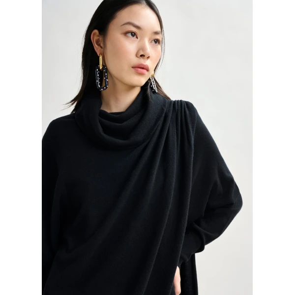 Essentiel Antwerp Black draped wool-blend asymmetrical knit dress, view 4