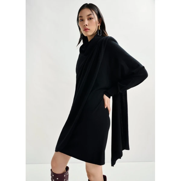 Essentiel Antwerp Black draped wool-blend asymmetrical knit dress, view 5