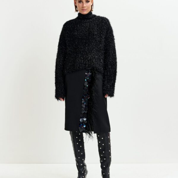 Essentiel Antwerp Black embellished feather-trimmed midi skirt - Essentiel Antwerp Skirts - Colorful Belgian Design - Shop at Coveti