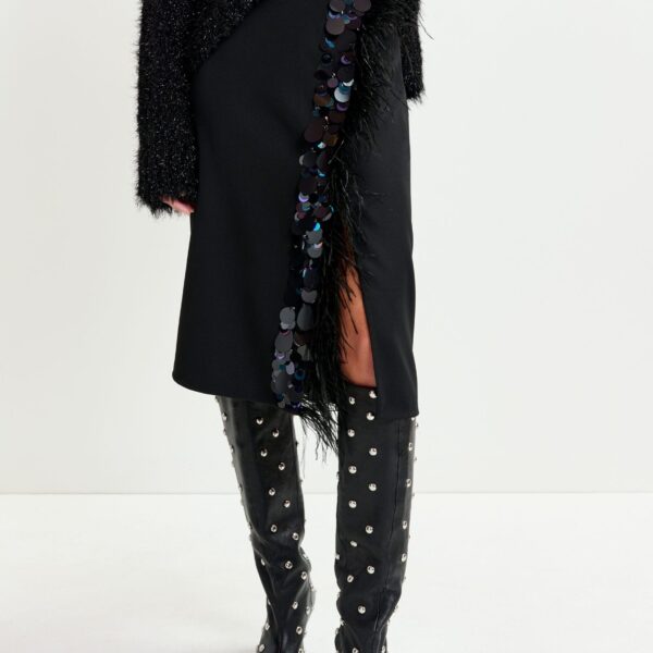 Essentiel Antwerp Black embellished feather-trimmed midi skirt - Essentiel Antwerp Skirts - Colorful Belgian Design - Shop at Coveti