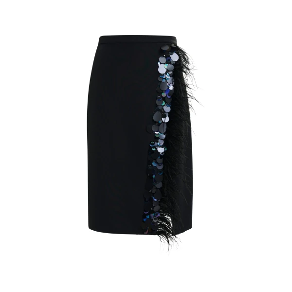 Essentiel Antwerp Black embellished feather-trimmed midi skirt - Essentiel Antwerp Skirts - Colorful Belgian Design - Shop at Coveti