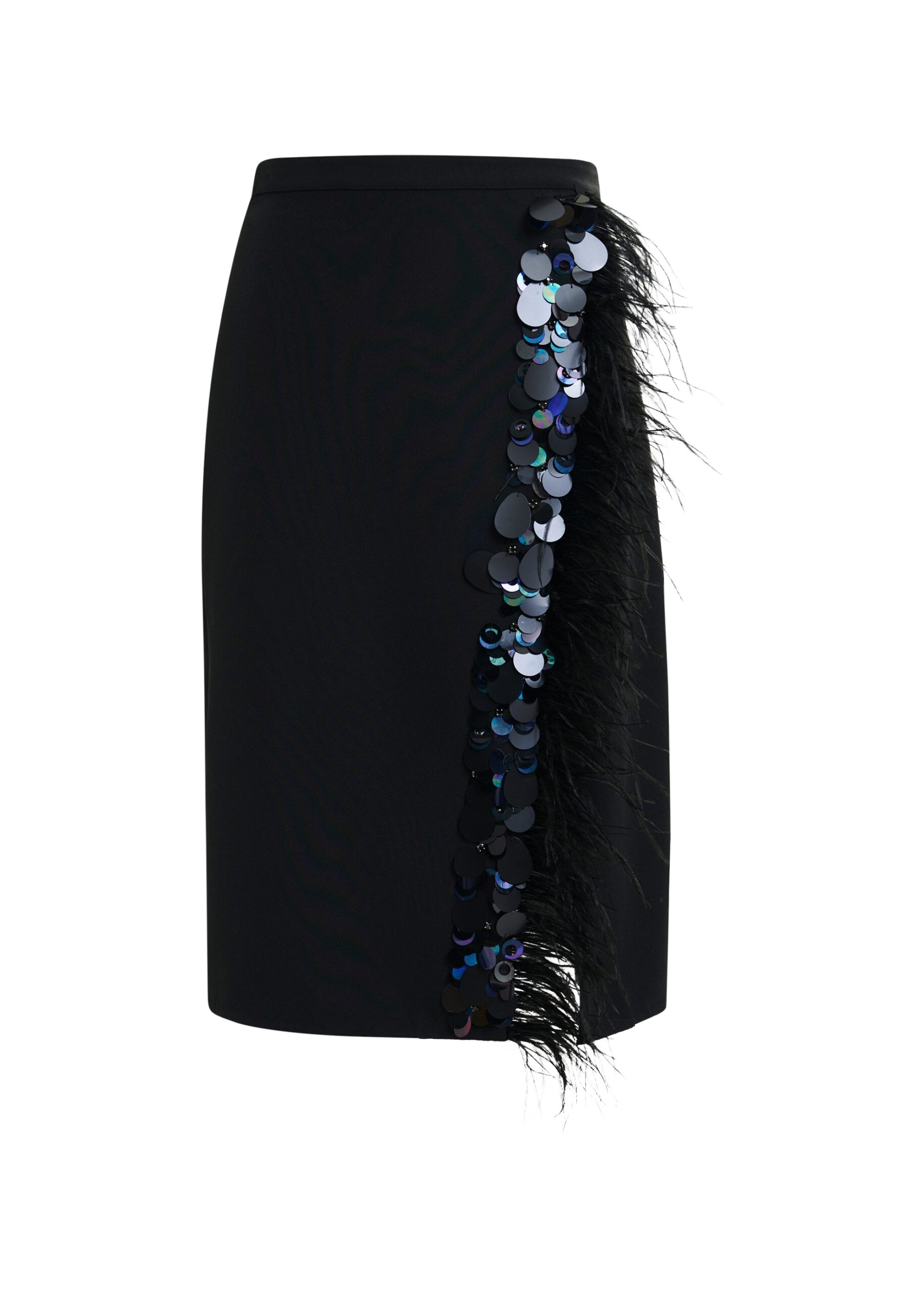 Essentiel Antwerp Black embellished feather-trimmed midi skirt
