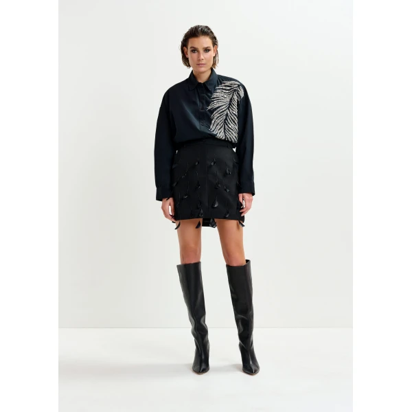 Essentiel Antwerp Black feather-embellished A-line mini skirt, view 2