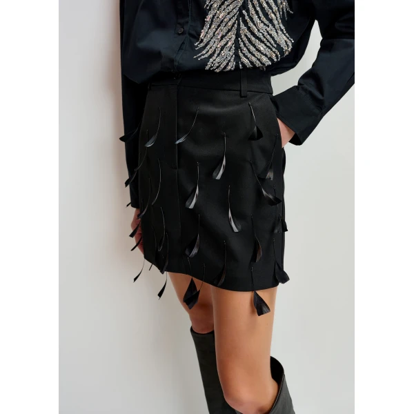 Essentiel Antwerp Black feather-embellished A-line mini skirt, view 4