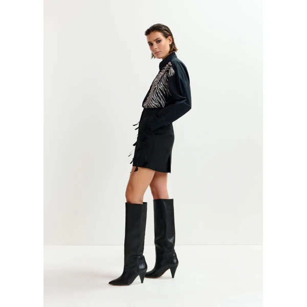 Essentiel Antwerp Black feather-embellished A-line mini skirt, view 5