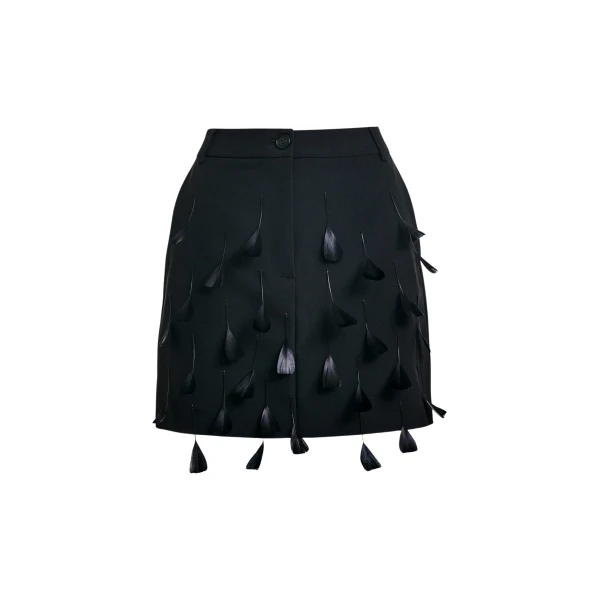 Essentiel Antwerp Black feather-embellished A-line mini skirt