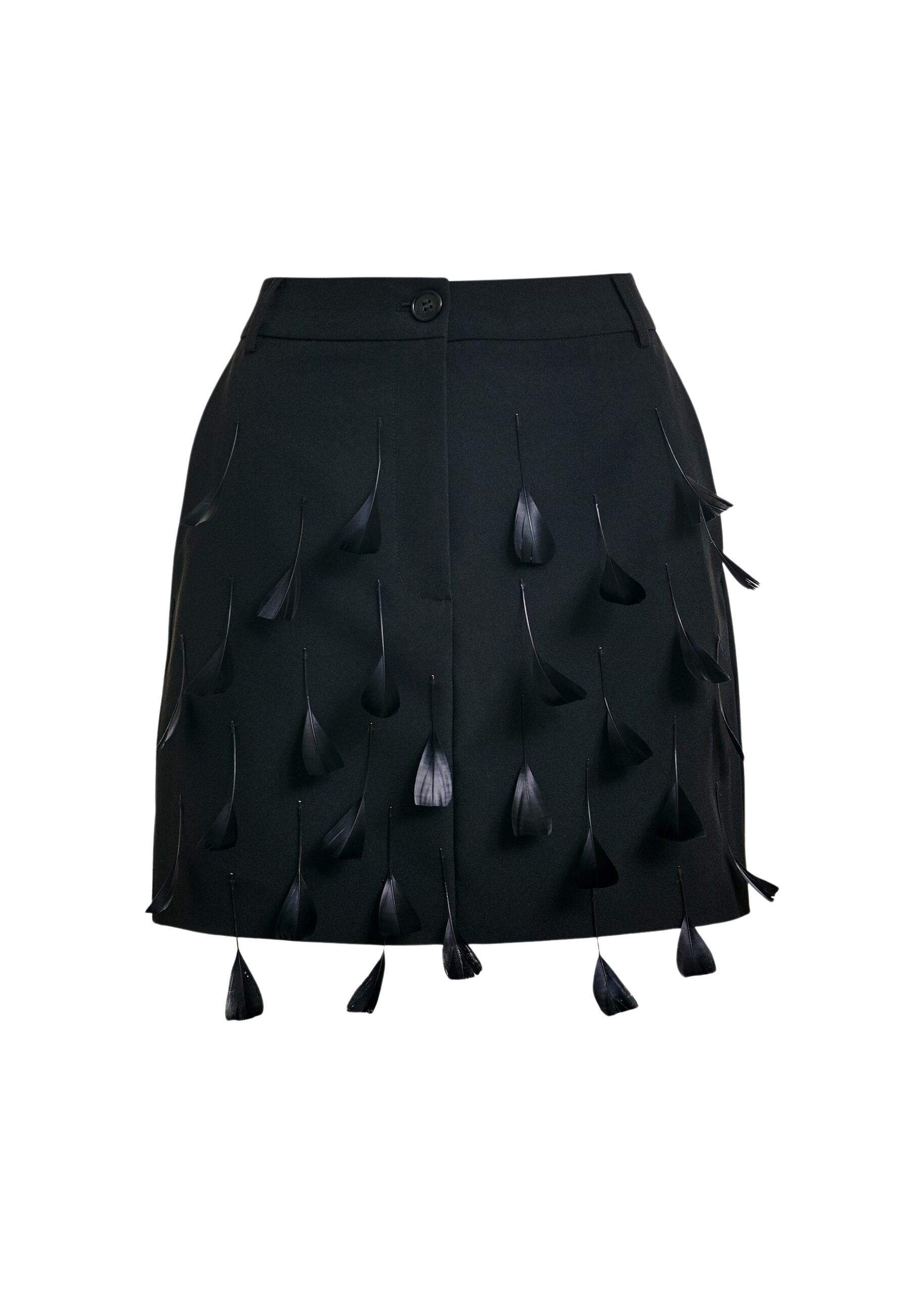 Essentiel Antwerp Black feather-embellished A-line mini skirt