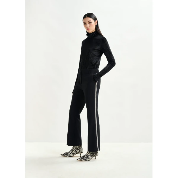 Essentiel Antwerp Black flared pants with rhinestone-embellished sideseams, view 2