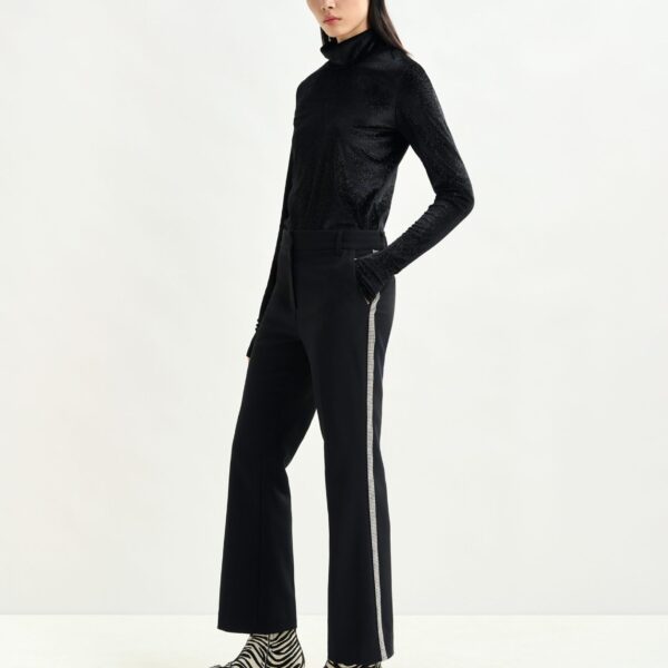 Essentiel Antwerp Black flared pants with rhinestone-embellished sideseams - Essentiel Antwerp Pants - Colorful Belgian Design - Shop at Coveti