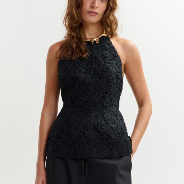 Essentiel Antwerp Black floral lace halter peplum top - Essentiel Antwerp Tops - Colorful Belgian Design - Shop at Coveti