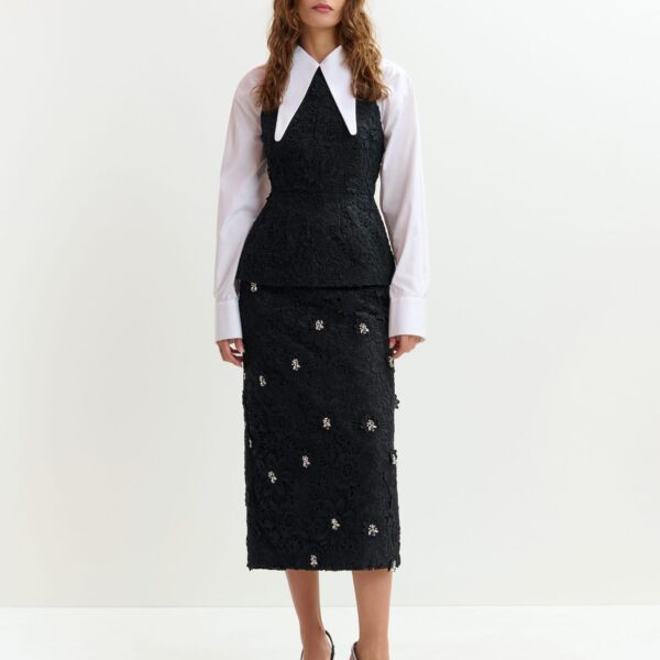 Essentiel Antwerp Black floral lace pencil skirt with rhinestone embellishments - Essentiel Antwerp Skirts - Colorful Belgian Design - Shop at Coveti