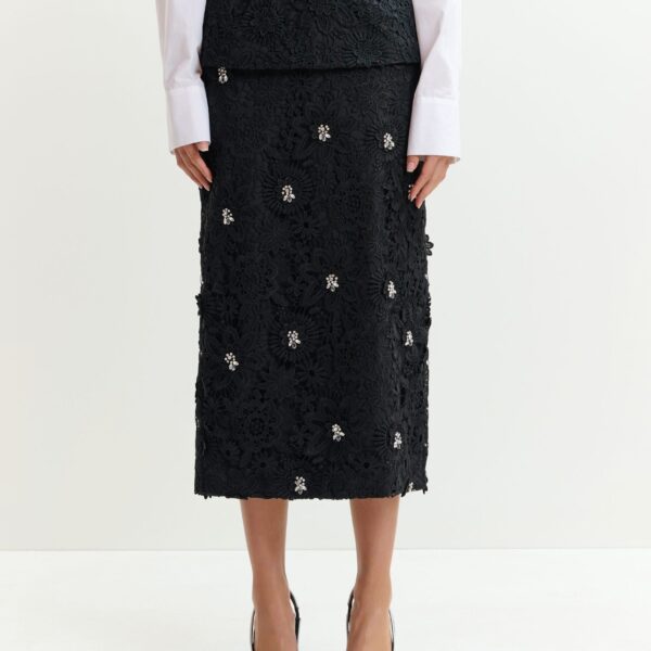 Essentiel Antwerp Black floral lace pencil skirt with rhinestone embellishments - Essentiel Antwerp Skirts - Colorful Belgian Design - Shop at Coveti
