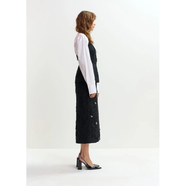 Essentiel Antwerp Black floral lace pencil skirt with rhinestone embellishments, view 4
