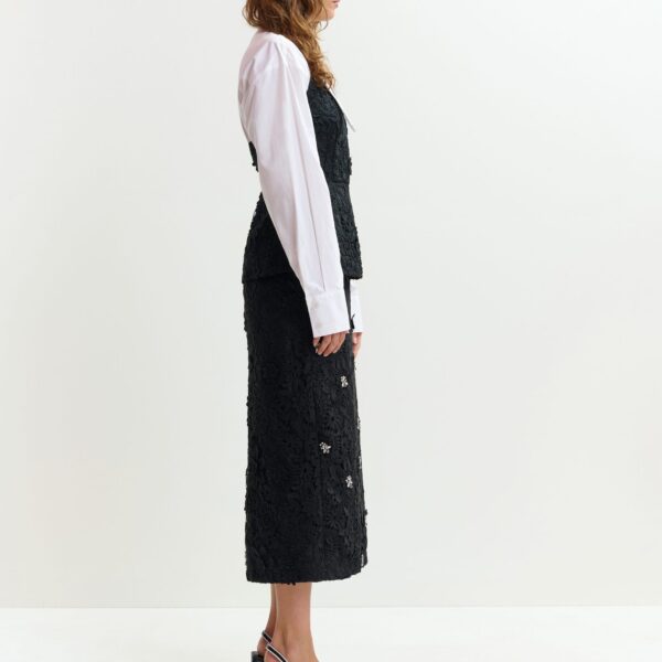 Essentiel Antwerp Black floral lace pencil skirt with rhinestone embellishments - Essentiel Antwerp Skirts - Colorful Belgian Design - Shop at Coveti