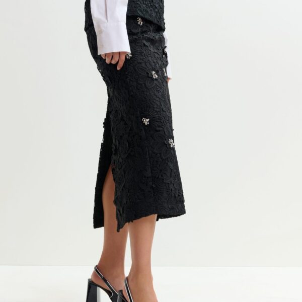Essentiel Antwerp Black floral lace pencil skirt with rhinestone embellishments - Essentiel Antwerp Skirts - Colorful Belgian Design - Shop at Coveti