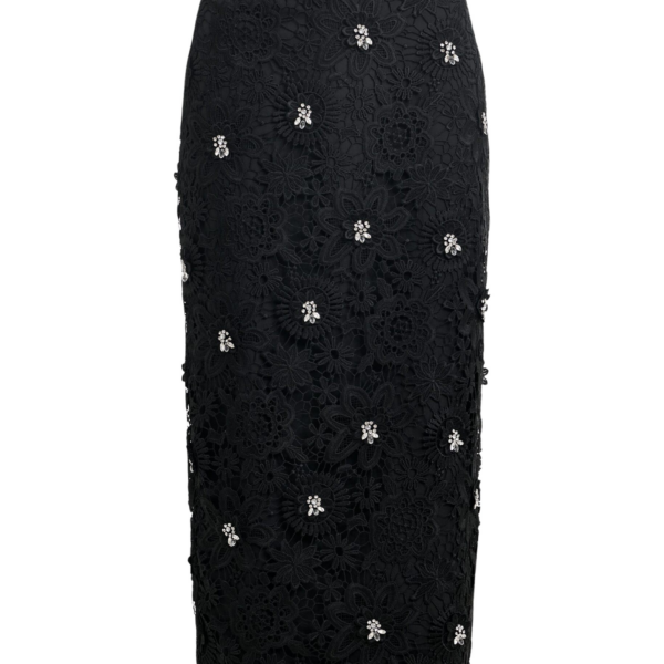 Essentiel Antwerp Black floral lace pencil skirt with rhinestone embellishments - Essentiel Antwerp Skirts - Colorful Belgian Design - Shop at Coveti