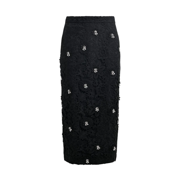 Essentiel Antwerp Black floral lace pencil skirt with rhinestone embellishments - Essentiel Antwerp Skirts - Colorful Belgian Design - Shop at Coveti