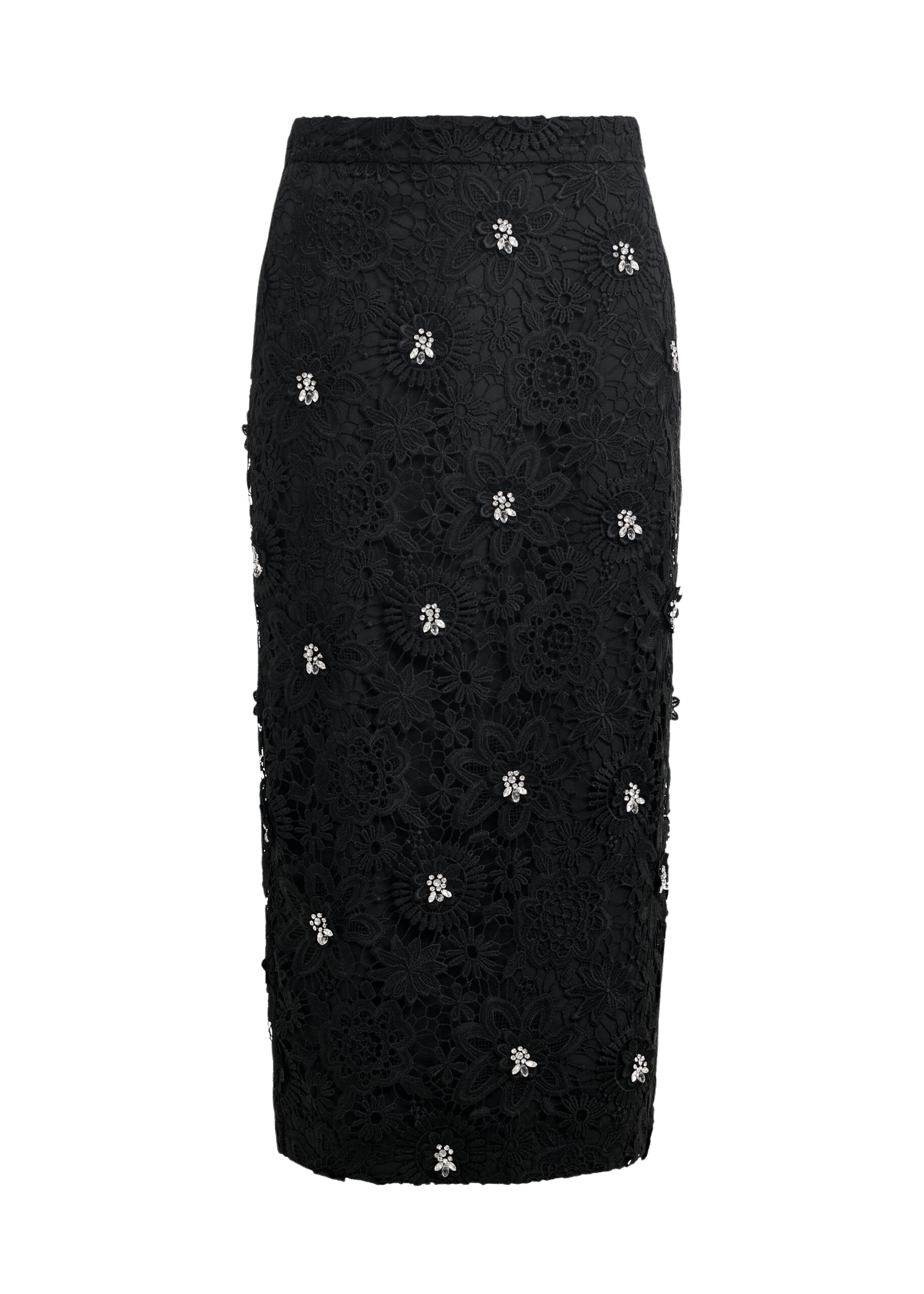 Essentiel Antwerp Black floral lace pencil skirt with rhinestone embellishments