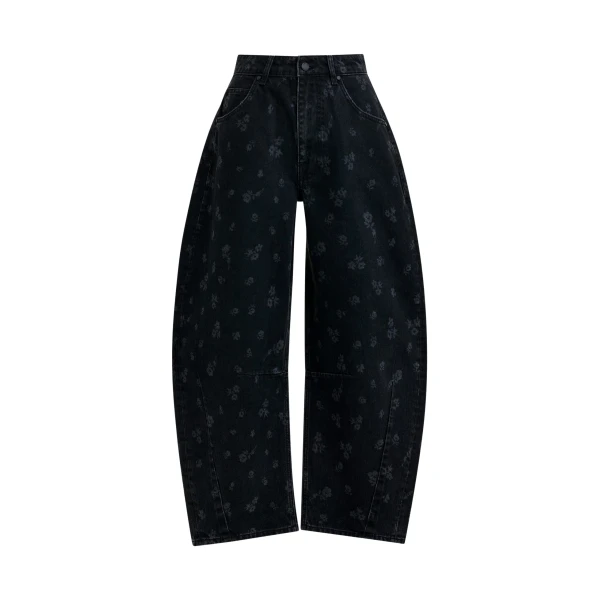 Essentiel Antwerp Black floral-print barrel-leg cropped jeans - Essentiel Antwerp Pants - Colorful Belgian Design - Shop at Coveti