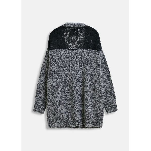 Essentiel Antwerp Black lace-back wool-blend cardigan with fringe details, view 2