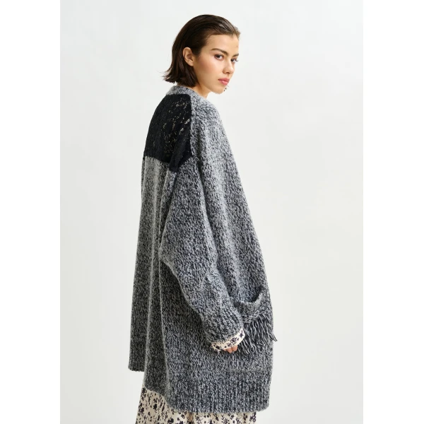 Essentiel Antwerp Black lace-back wool-blend cardigan with fringe details, view 3