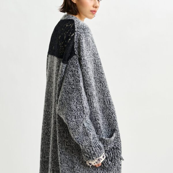 Essentiel Antwerp Black lace-back wool-blend cardigan with fringe details - Essentiel Antwerp Knitwear - Colorful Belgian Design - Shop at Coveti