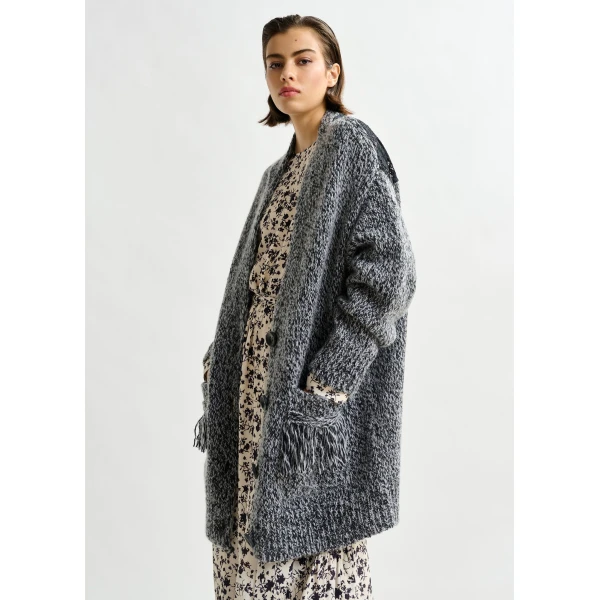 Essentiel Antwerp Black lace-back wool-blend cardigan with fringe details, view 4