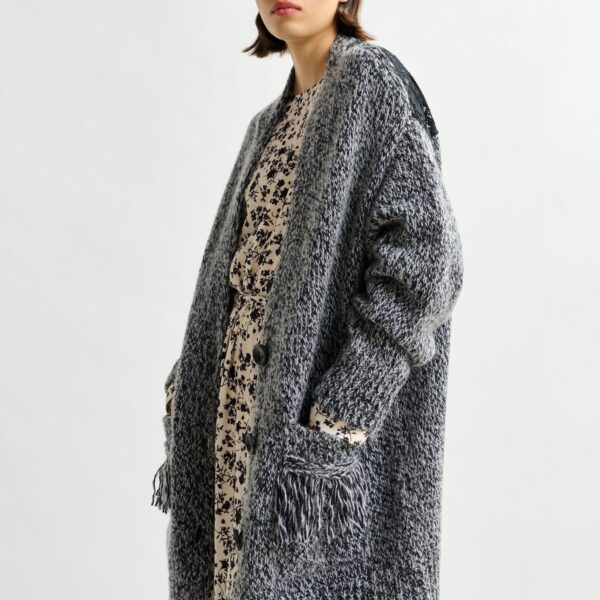 Essentiel Antwerp Black lace-back wool-blend cardigan with fringe details - Essentiel Antwerp Knitwear - Colorful Belgian Design - Shop at Coveti