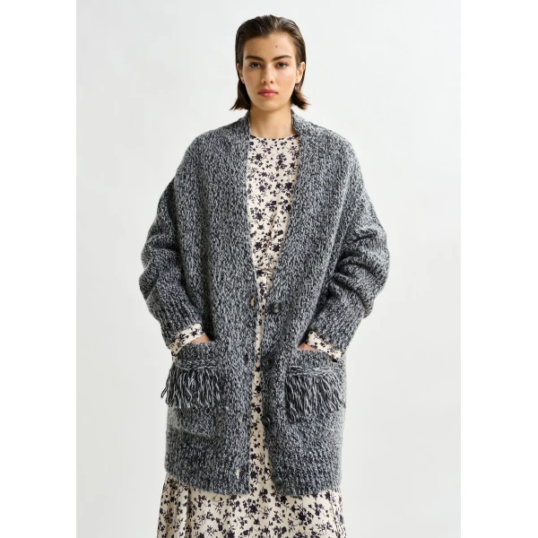 Essentiel Antwerp Black lace-back wool-blend cardigan with fringe details, view 5