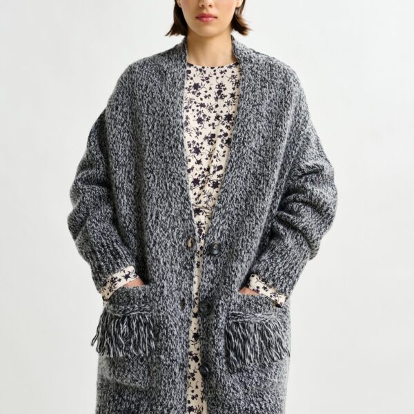 Essentiel Antwerp Black lace-back wool-blend cardigan with fringe details - Essentiel Antwerp Knitwear - Colorful Belgian Design - Shop at Coveti