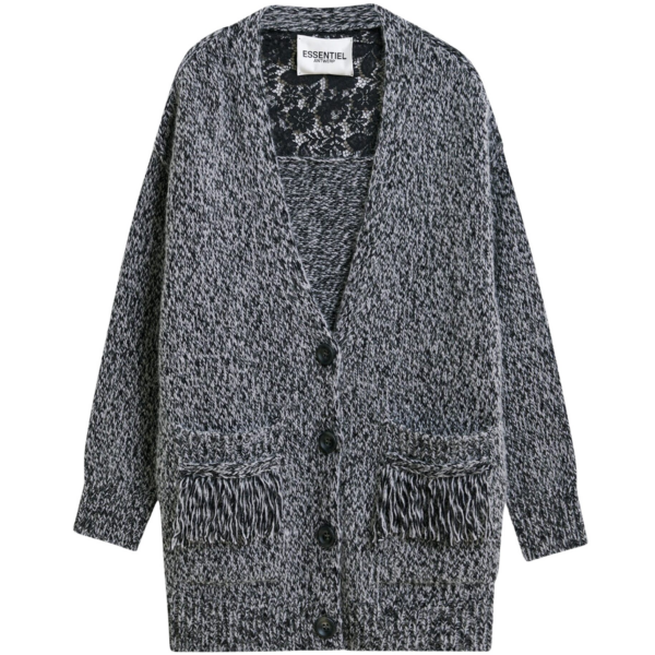 Essentiel Antwerp Black lace-back wool-blend cardigan with fringe details - Essentiel Antwerp Knitwear - Colorful Belgian Design - Shop at Coveti