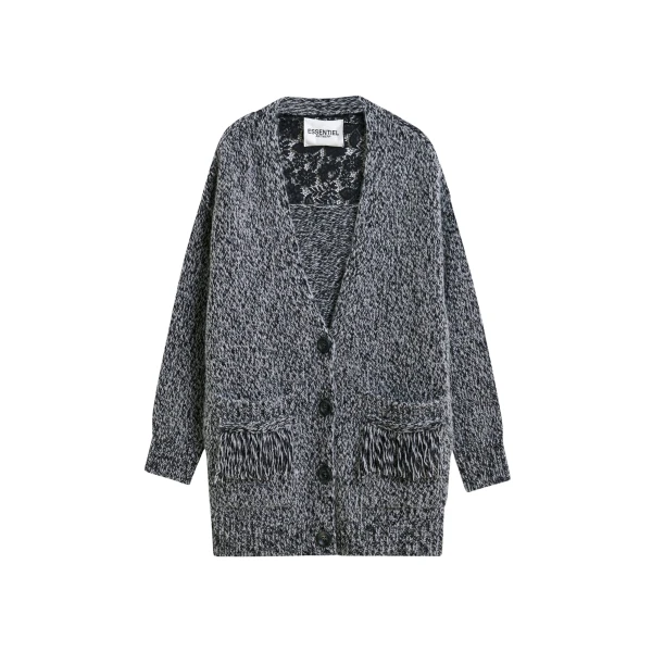 Essentiel Antwerp Black lace-back wool-blend cardigan with fringe details - Essentiel Antwerp Knitwear - Colorful Belgian Design - Shop at Coveti