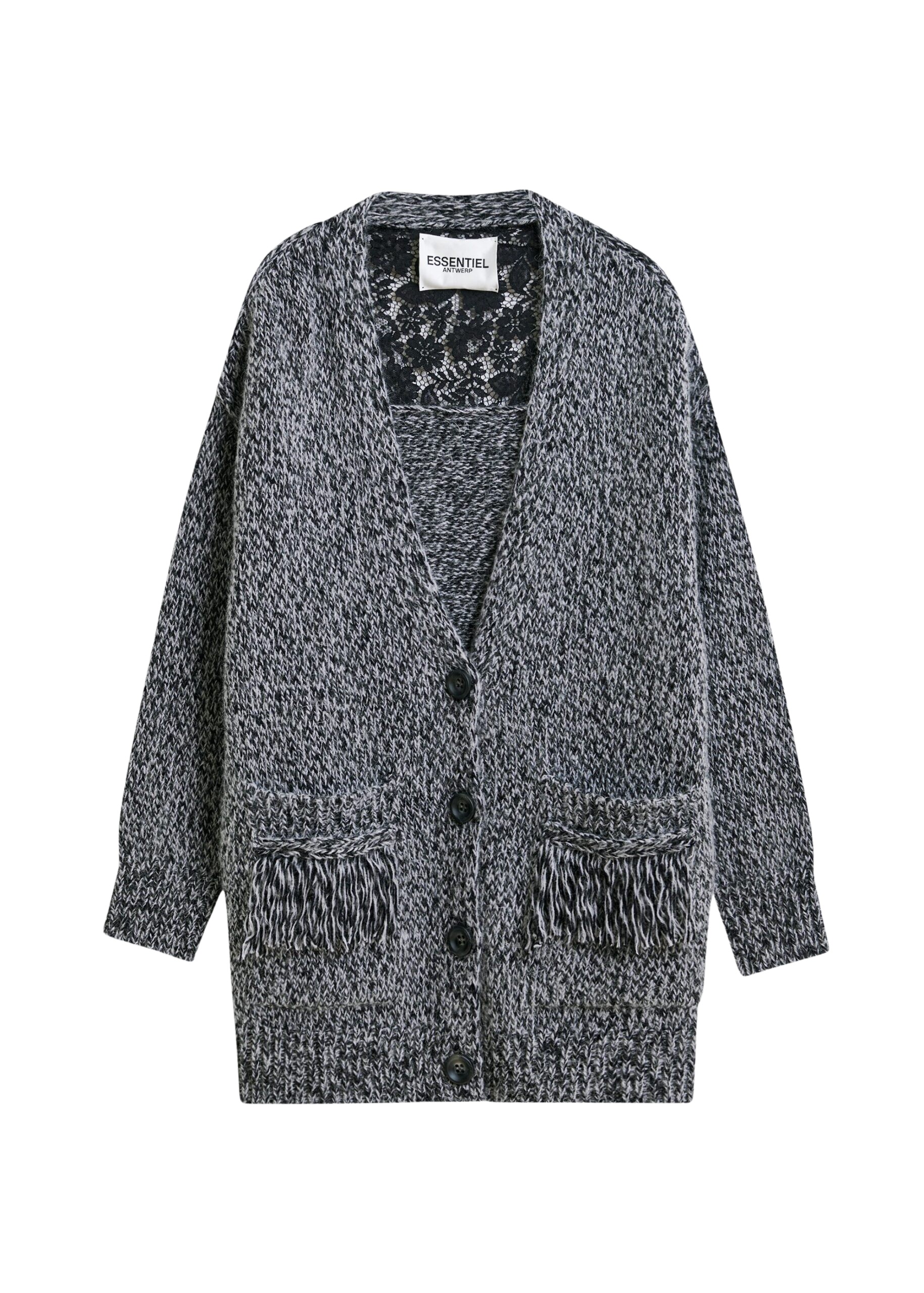 Essentiel Antwerp Black lace-back wool-blend cardigan with fringe details - Essentiel Antwerp Knitwear - Colorful Belgian Design - Shop at Coveti