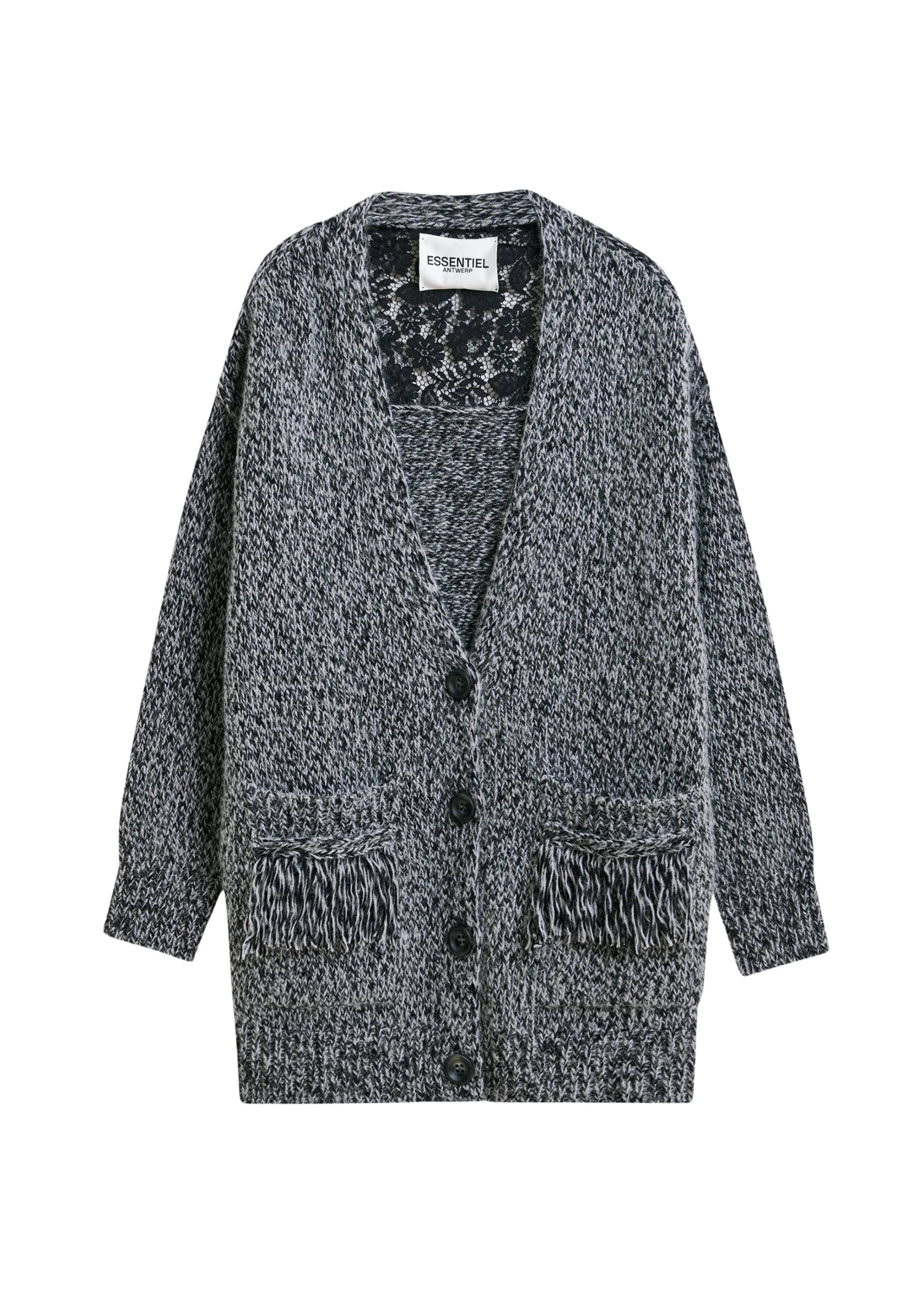 Black-lace-back-wool-blend-cardigan-with-fringe-details-Essentiel-Antwerp-Knitwear-scaled38386_nobg Essentiel Antwerp Black lace-back wool-blend cardigan with fringe details - Essentiel Antwerp Knitwear - Colorful Belgian Design - Shop at Coveti