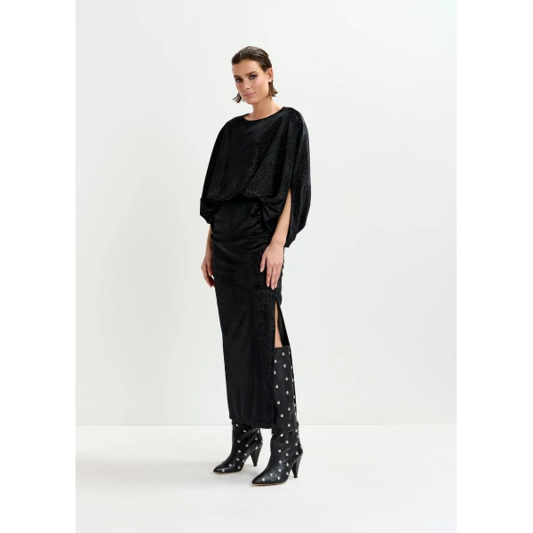 Essentiel Antwerp Black maxi dress with cape-like sleeves, view 2